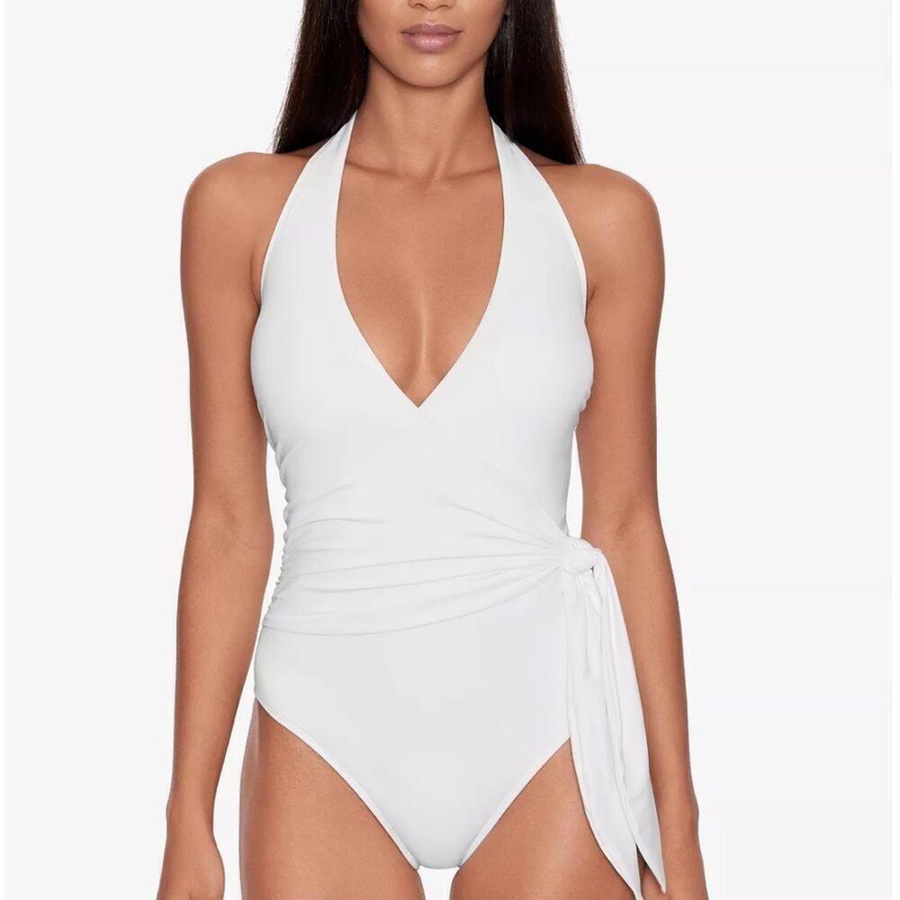 Ralph Lauren WHITE Halter Side-Tie Tummy-Control One-Piece Swimsuit. Swimwear